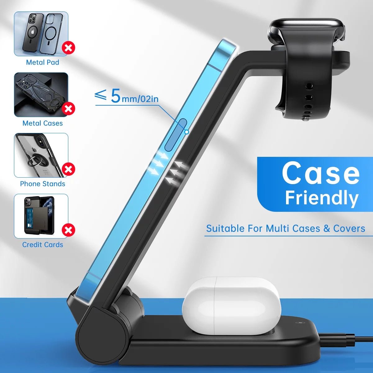 Foldable 3 - in - 1 Wireless Charging Station | Fast Charger Stand for iPhone, Apple Watch & AirPods (18W Adapter Included), a high - quality from 1Nook