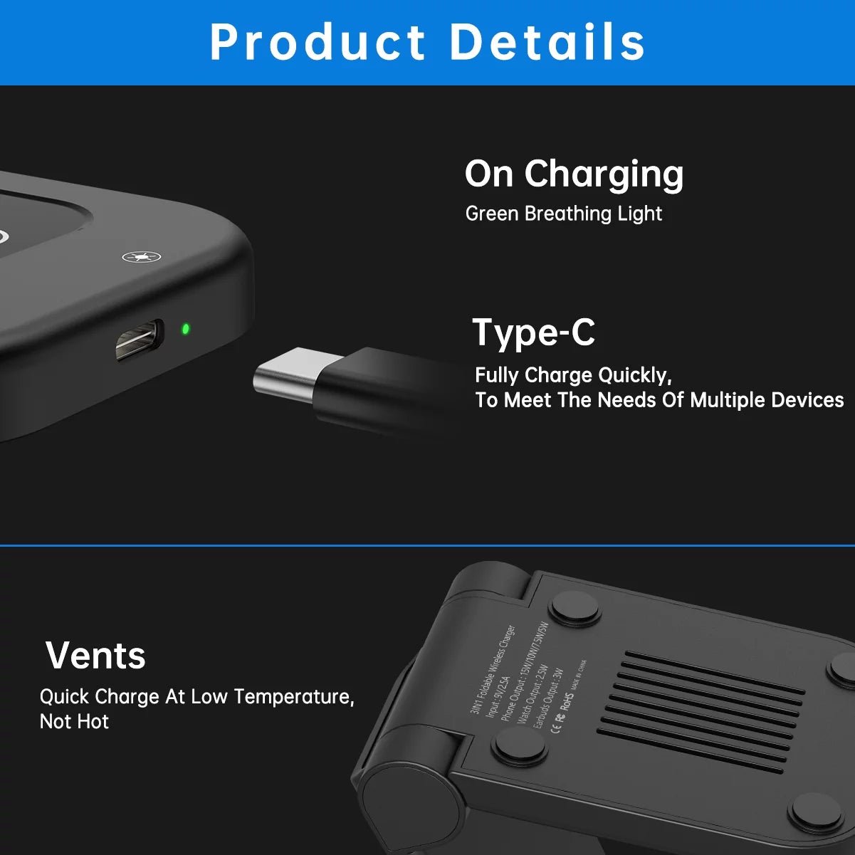 Foldable 3 - in - 1 Wireless Charging Station | Fast Charger Stand for iPhone, Apple Watch & AirPods (18W Adapter Included), a high - quality from 1Nook
