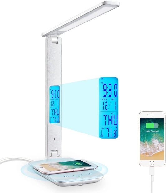 LED Desk Lamp with Wireless Charger, USB Port & LCD Display | 5 - in - 1 Dimmable Office Table Lamp with Clock & Alarm, a high - quality from 1Nook