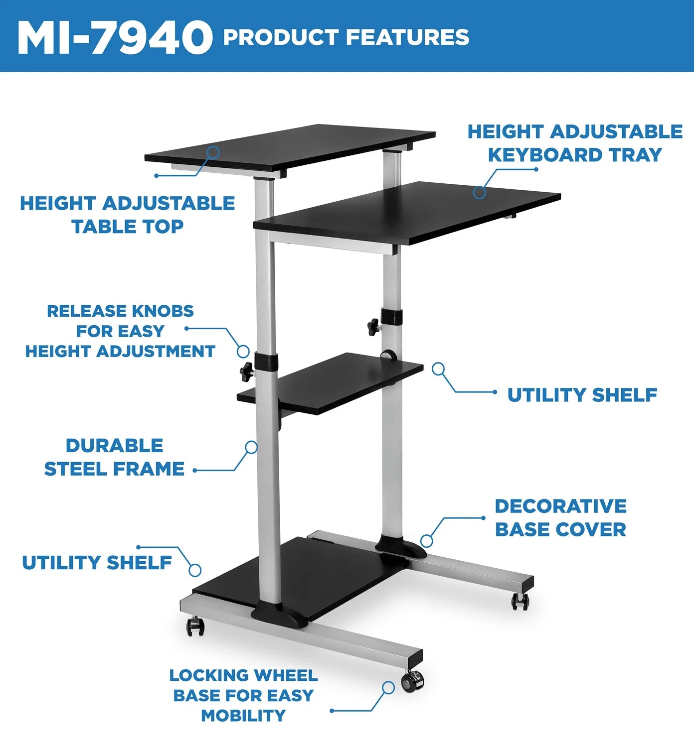 Mount - It MI - 7940 Mobile Standing Desk & Rolling Workstation | Height Adjustable Presentation Cart with 4 Shelves, a high - quality from 1Nook