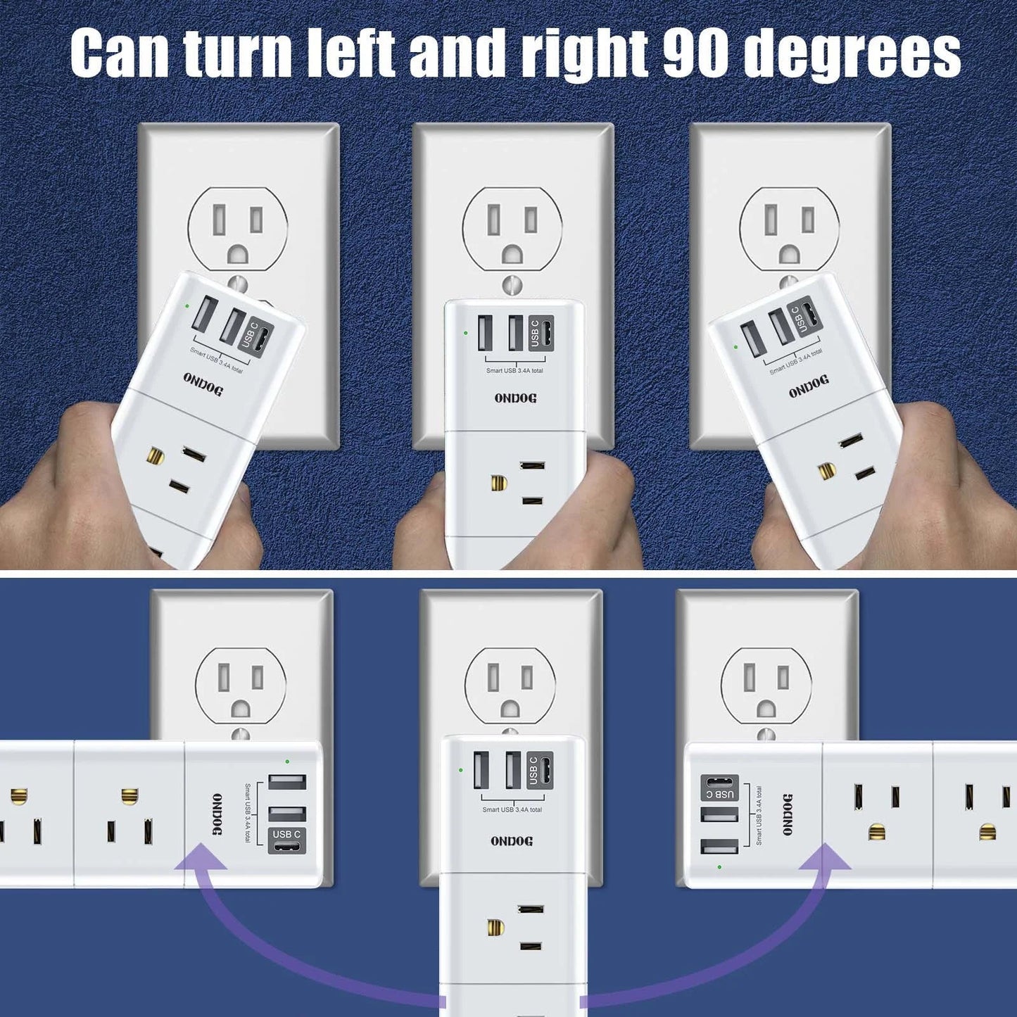 ONDOG Rotating Surge Protector Outlet Extender | 6 AC Outlets & 3 USB Ports (1 USB - C) Wall Charger, a high - quality from 1Nook