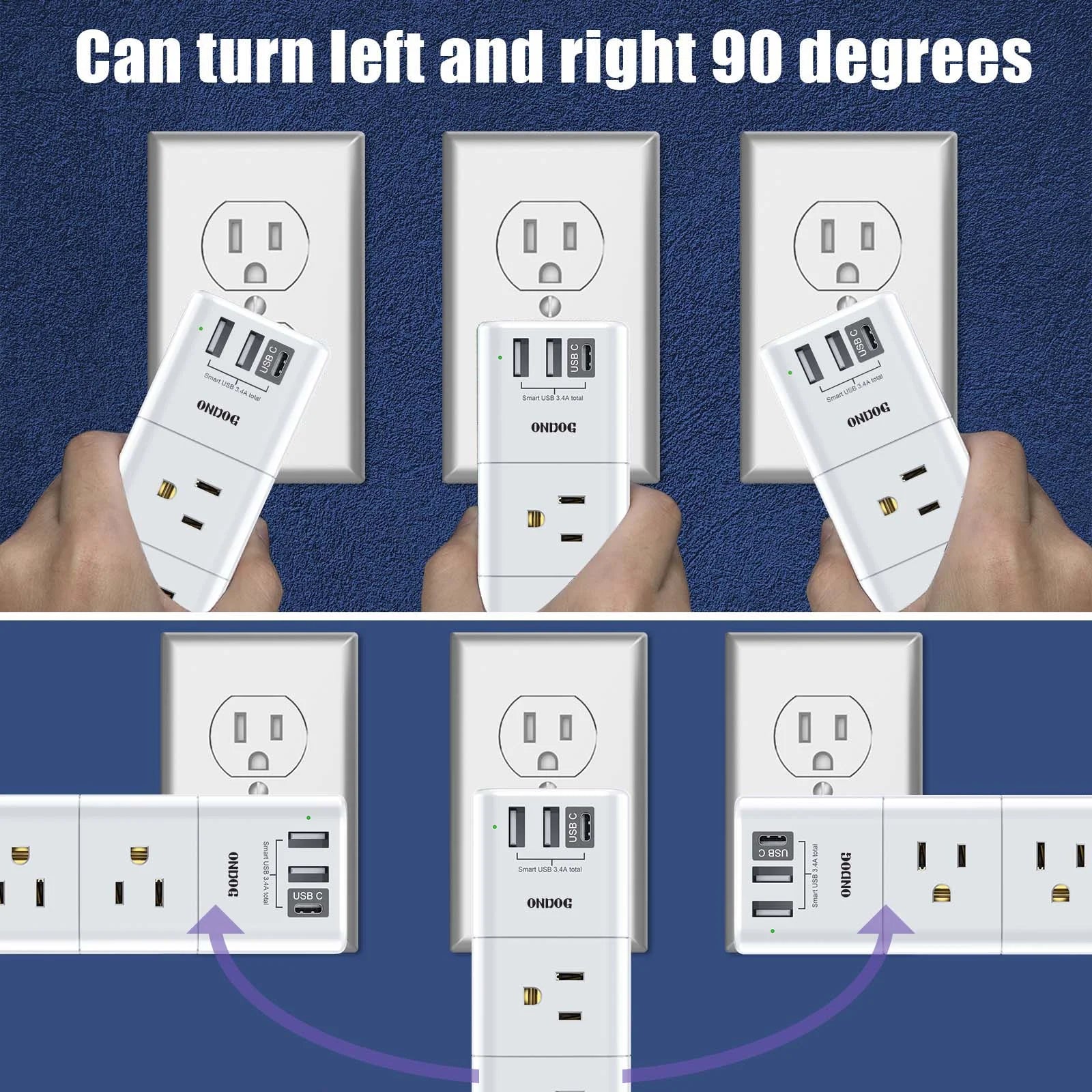 ONDOG Rotating Surge Protector Outlet Extender | 6 AC Outlets & 3 USB Ports (1 USB - C) Wall Charger, a high - quality from 1Nook