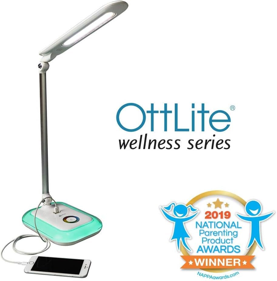 OttLite Glow LED Desk Lamp with USB Charging Port | ClearSun Eye - Care Technology & Color - Changing Base, a high - quality from 1Nook