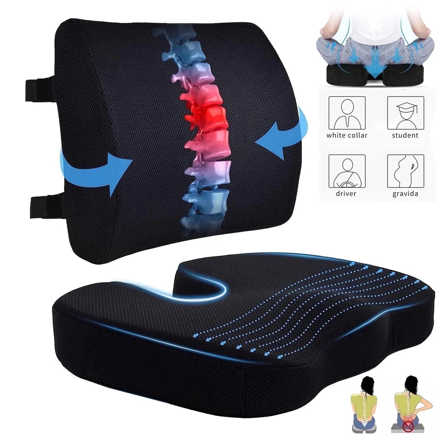 Seat Cushion and Lumbar Support Pillow Set | Ergonomic Memory Foam for Office Chair Back Pain Relief, a high - quality from 1Nook