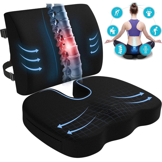 Seat Cushion and Lumbar Support Pillow Set | Ergonomic Memory Foam for Office Chair Back Pain Relief, a high - quality from 1Nook
