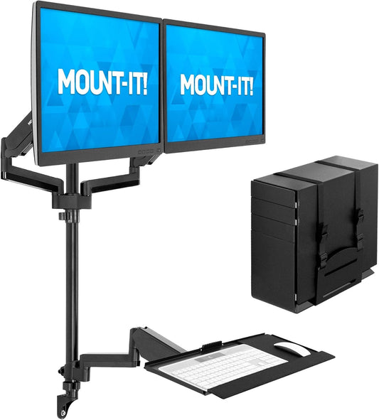 Wall - Mounted Floating Desk & Dual Monitor Workstation, Height Adjustable Full Motion Arms, Fits Two 32 Inch Computer Screens, a high - quality from 1Nook